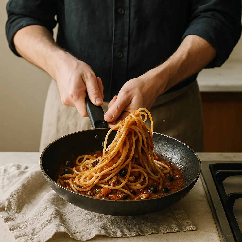 Both hands grip the handle of a wide shallow pan and throw its contents up in a low toss, spaghetti caught in the air a few centimetres above the pan in a loose arc, still mostly connected to the pan below.