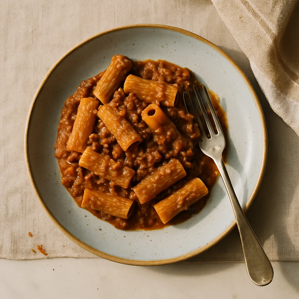 The finished pasta on a pale blue glazed ceramic plate with speckle. Rigatoni coated in a thick brick-brown lentil ragù, whole lentils caught inside the tubes and clinging to the ridges, orange threads of grated carrot running through it.