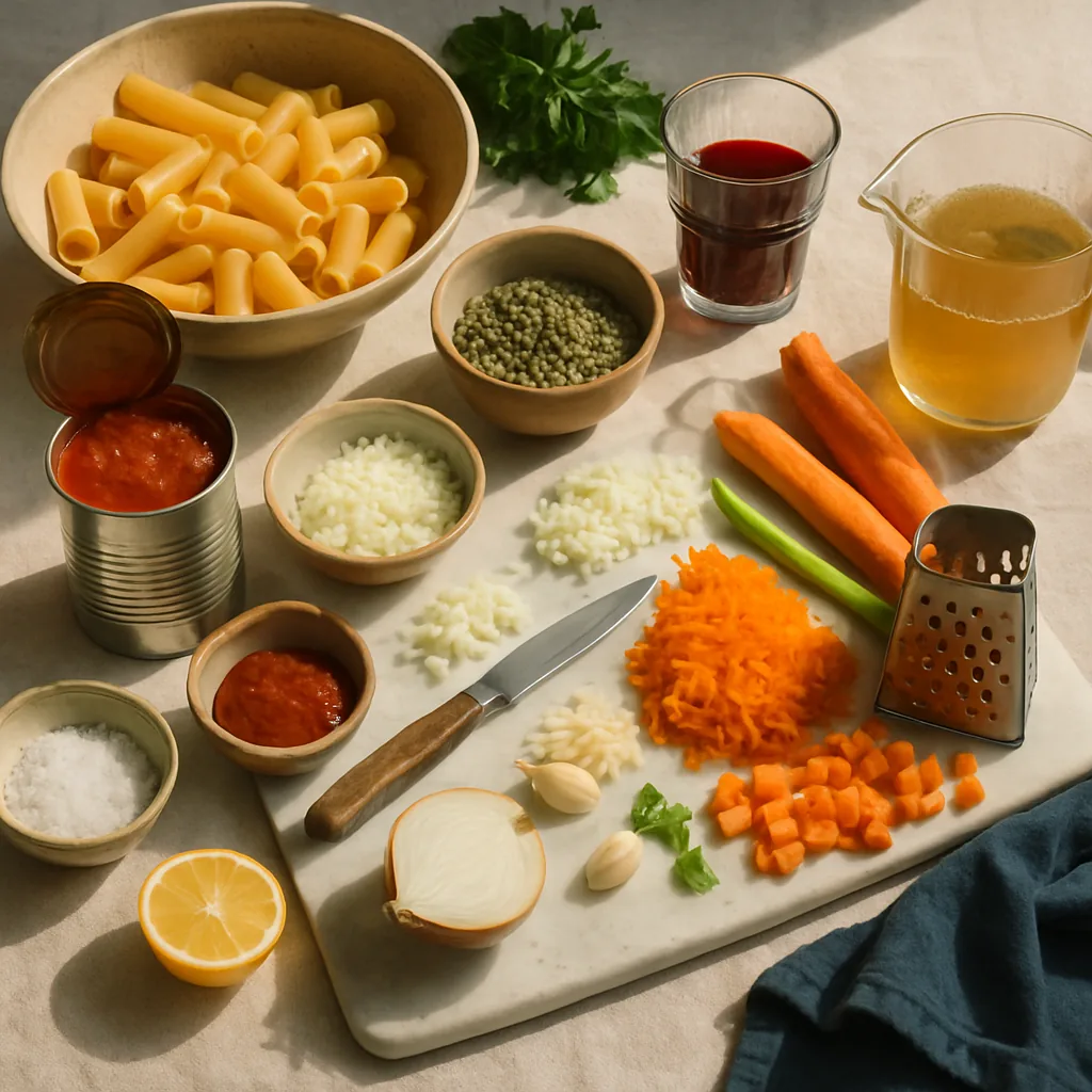 Ingredients laid out for pasta with a slow lentil ragù and carrot: a heap of dry rigatoni in a shallow dish, a bowl of dry green lentils, an onion very finely chopped in a small heap, two carrots, a stick of celery, 2 garlic cloves.
