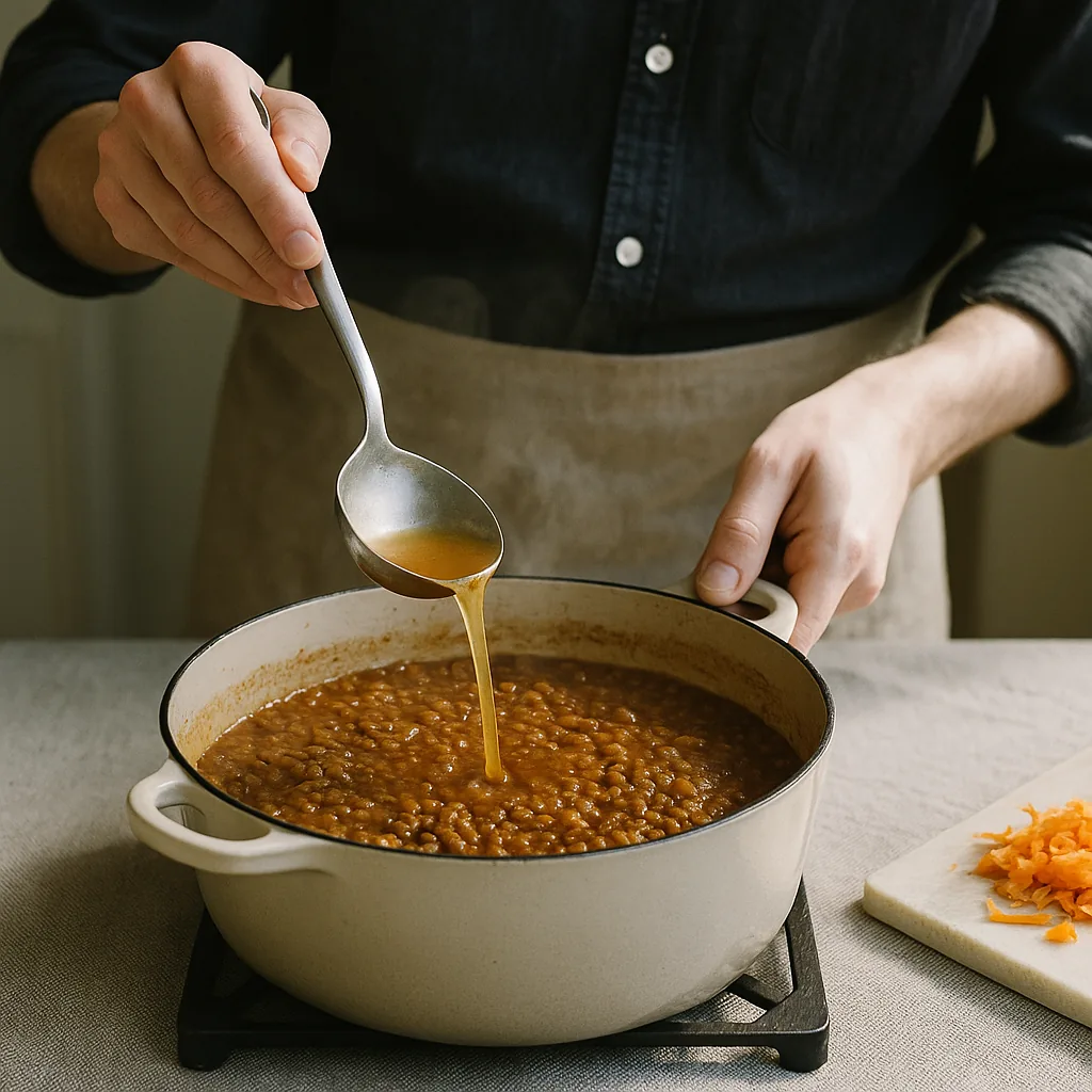 A pair of hands tips a ladle of hot stock into a deep pan of lentil ragù, the liquid falling in a single stream and pushing a dark ripple across the surface.