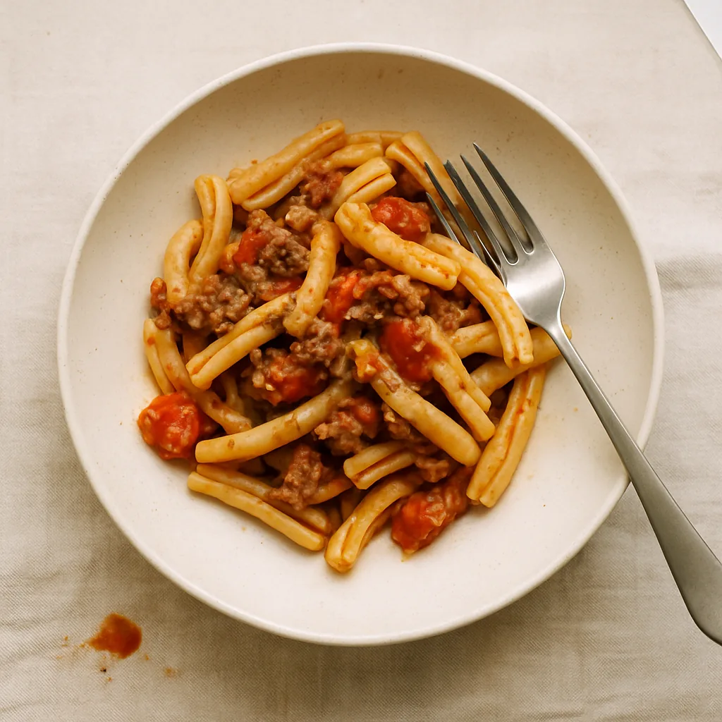 The finished pasta in a matte cream stoneware shallow bowl-plate. Casarecce tossed with coarse browned crumbles of sausage, burst cherry tomatoes collapsed into a loose orange-red sauce, their skins wrinkled and split, fennel seeds and chilli flakes visible.