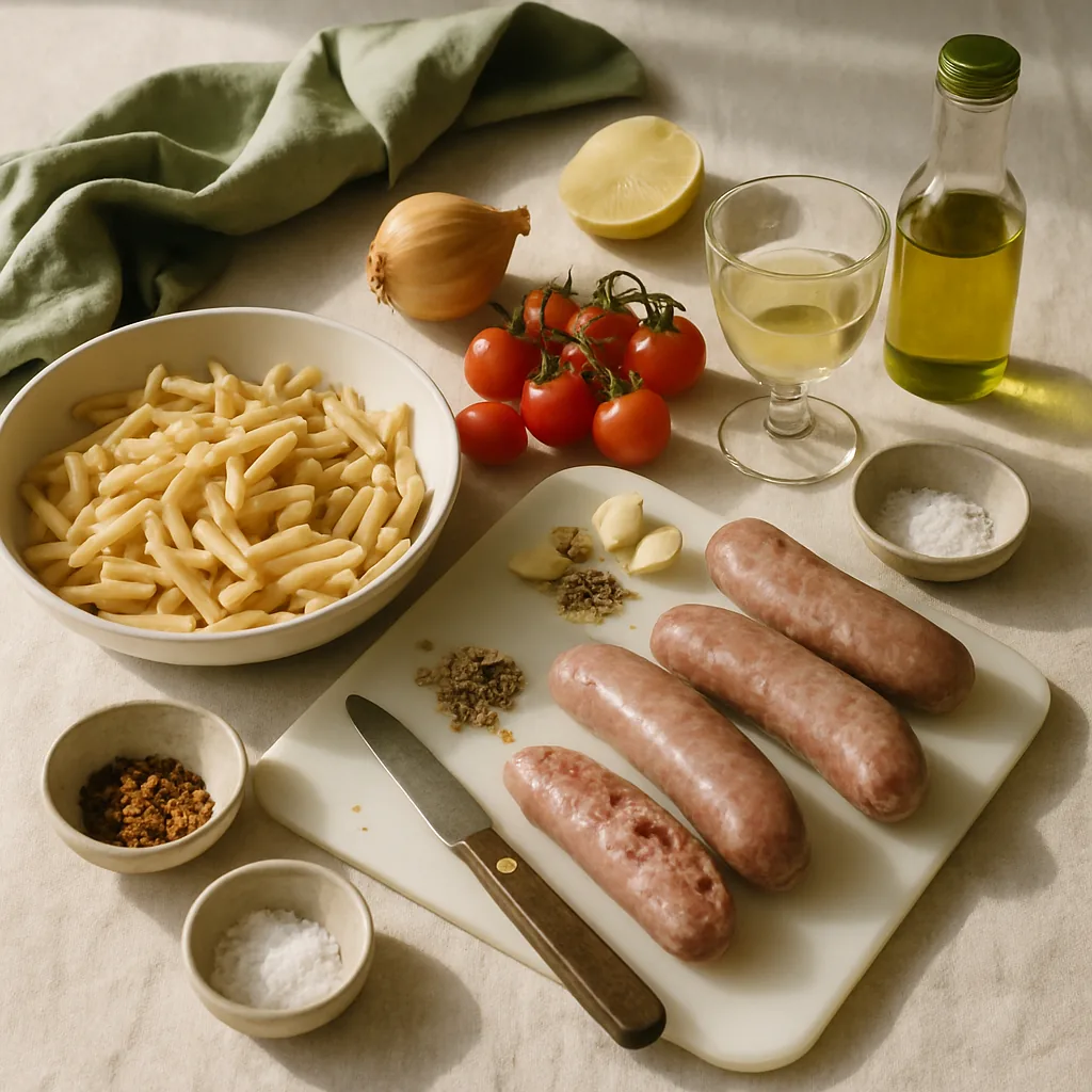 Ingredients laid out for pasta with sausage, fennel seeds and cherry tomatoes: a heap of dry casarecce in a shallow dish, three Italian pork sausages, a double handful of cherry tomatoes, a pinch pot of fennel seeds, 3 garlic cloves.