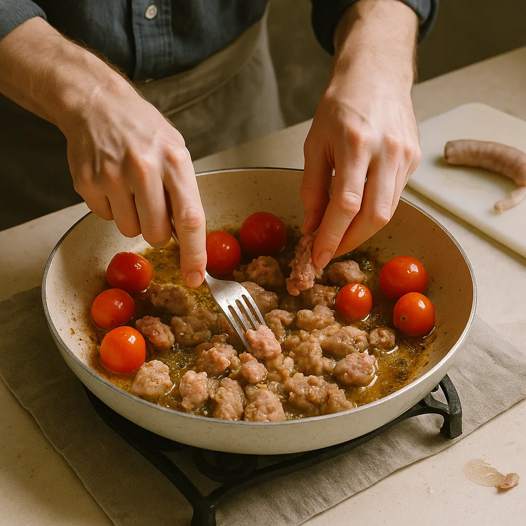 A pair of hands breaks sausage meat apart in a hot wide pan with a sturdy fork, pressing and dragging it into coarse uneven crumbs.