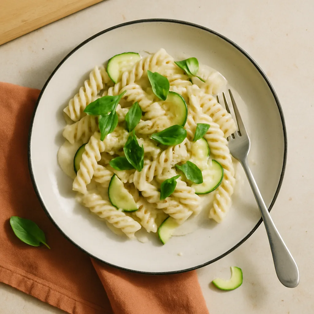 The finished dish on a pale pink plate with a hand-painted thin black rim. Fusilli coated in a pale ivory bean cream, pale green courgette half-moons folded through, torn basil leaves on top, a fine grating of lemon zest.