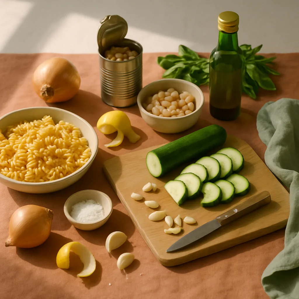Ingredients laid out for short pasta with courgette, basil and a blended white bean cream.