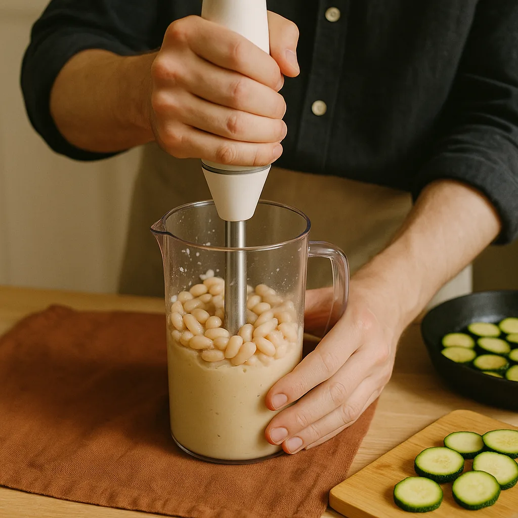 A pair of hands holds a stick blender down into a tall narrow jug of cannellini beans, part blended: the bottom half already a thick ivory cream, the top still whole beans, with a swirl where the blade is working.