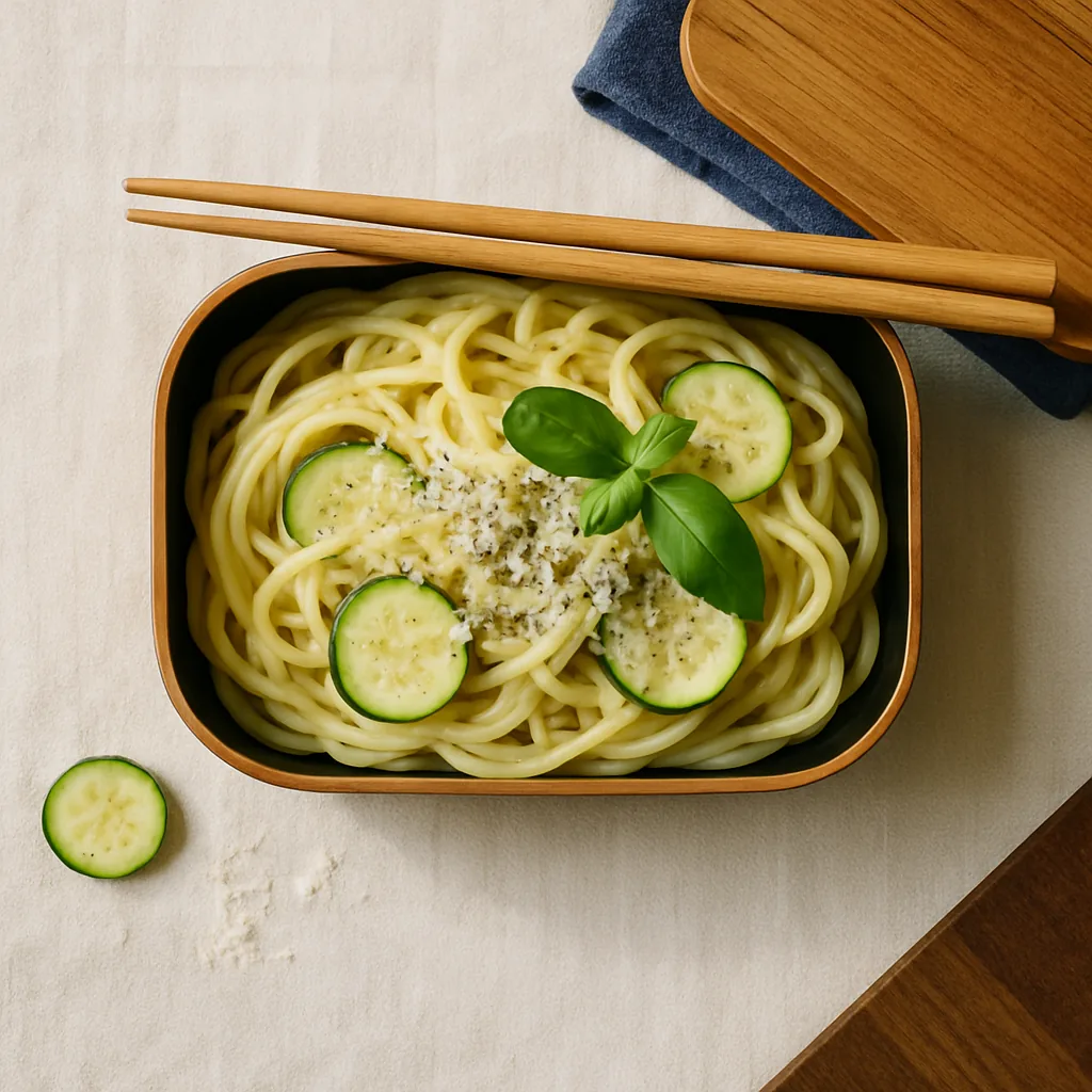 The open tier is filled with spaghetti in a glossy pale yellow egg and pecorino sauce, pale green courgette rounds folded through, a heavy grating of pecorino and a crack of black pepper over the top, two basil leaves.