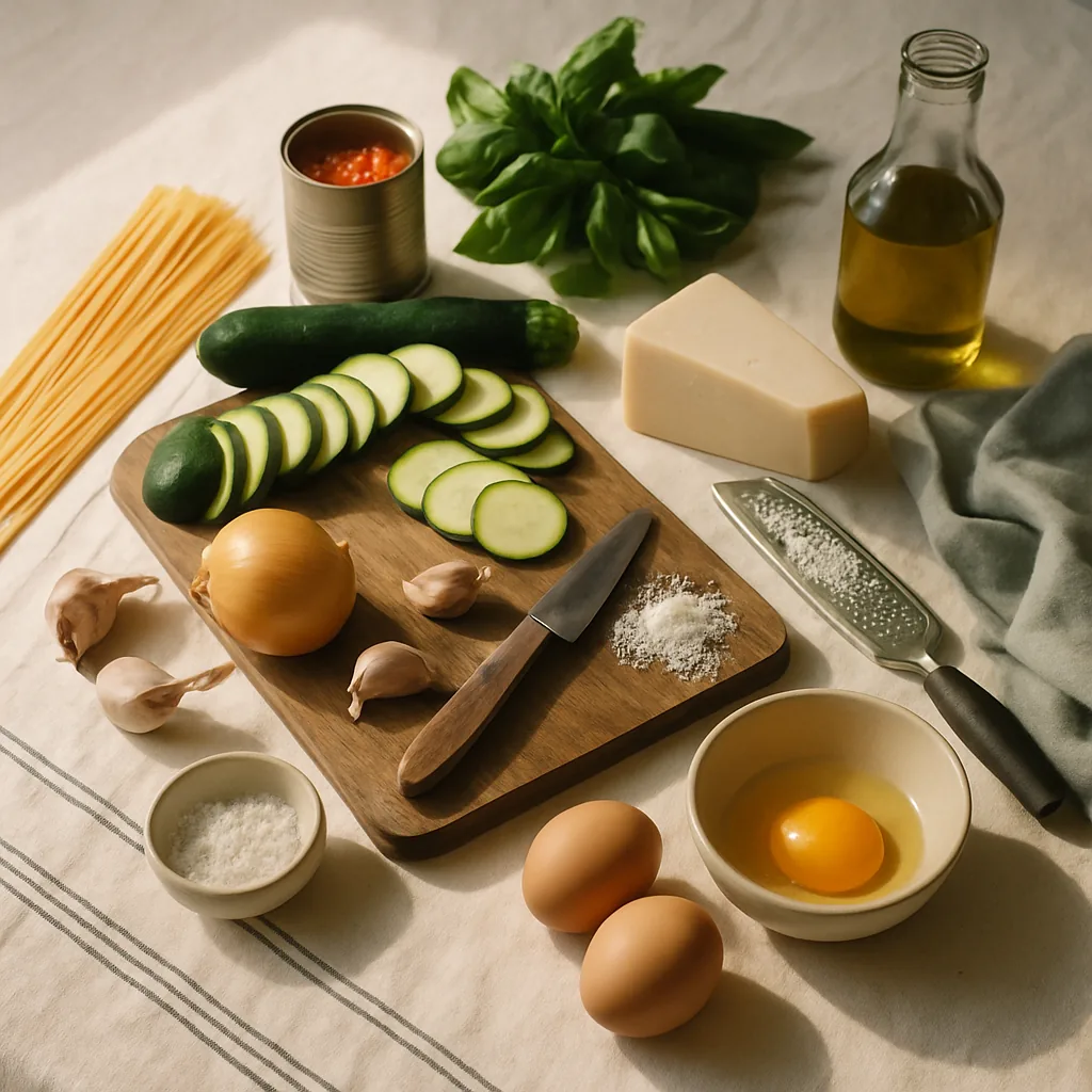 Ingredients laid out for spaghetti with courgette, egg and pecorino, a carbonara-shaped dish with courgette instead of pork.