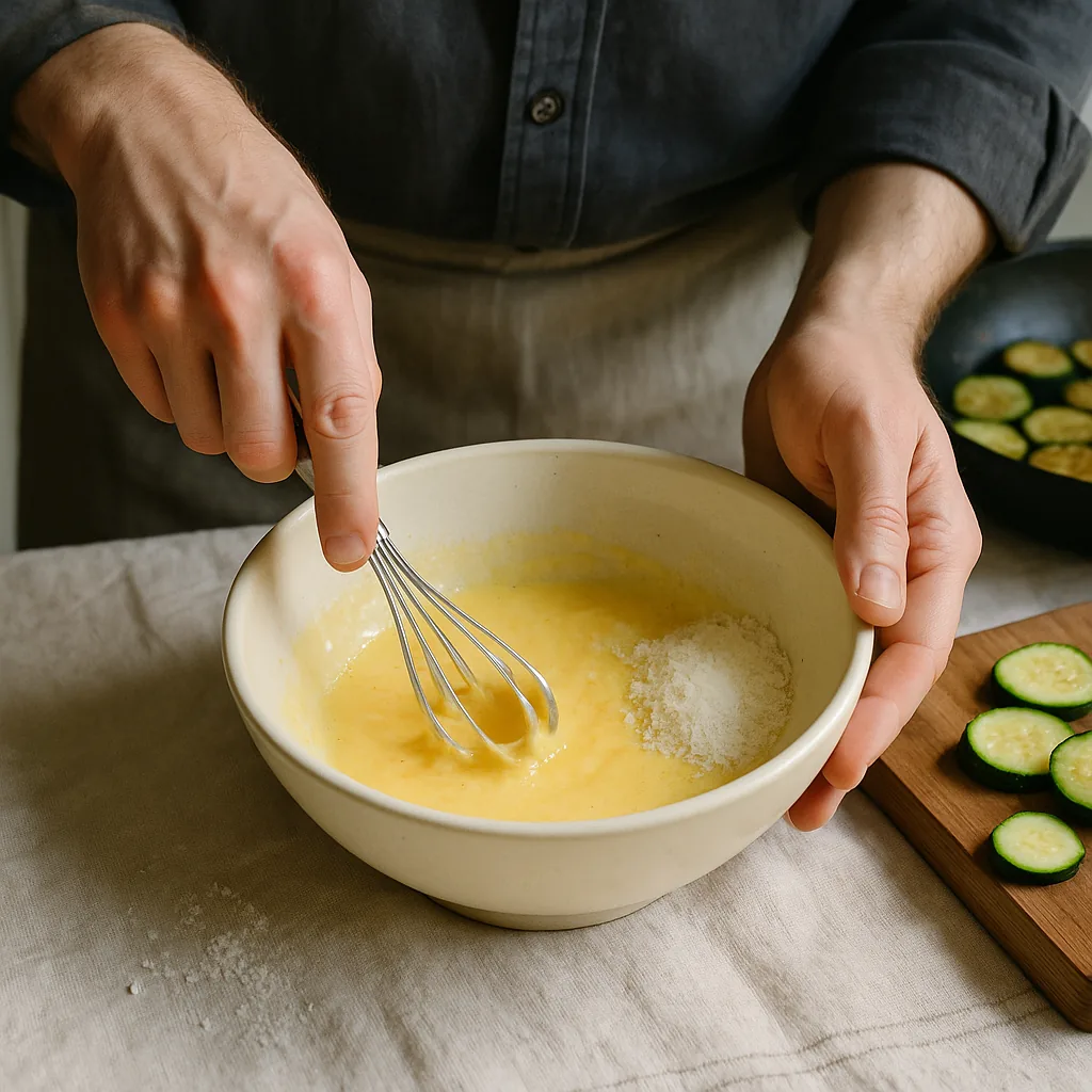 A pair of hands beats eggs and grated pecorino together in a bowl with a small stainless whisk, the mixture already pale yellow and thickened, a ribbon of it falling from the wires as the whisk lifts.