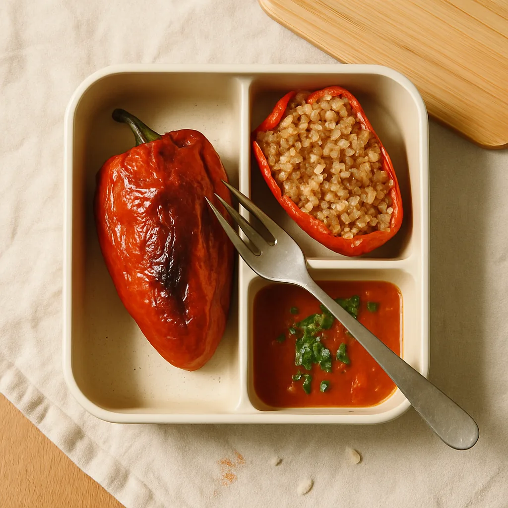 The finished peppers packed cold into a matte cream Scandi ceramic bento with three rectangular compartments, the thin pale wood lid set aside.