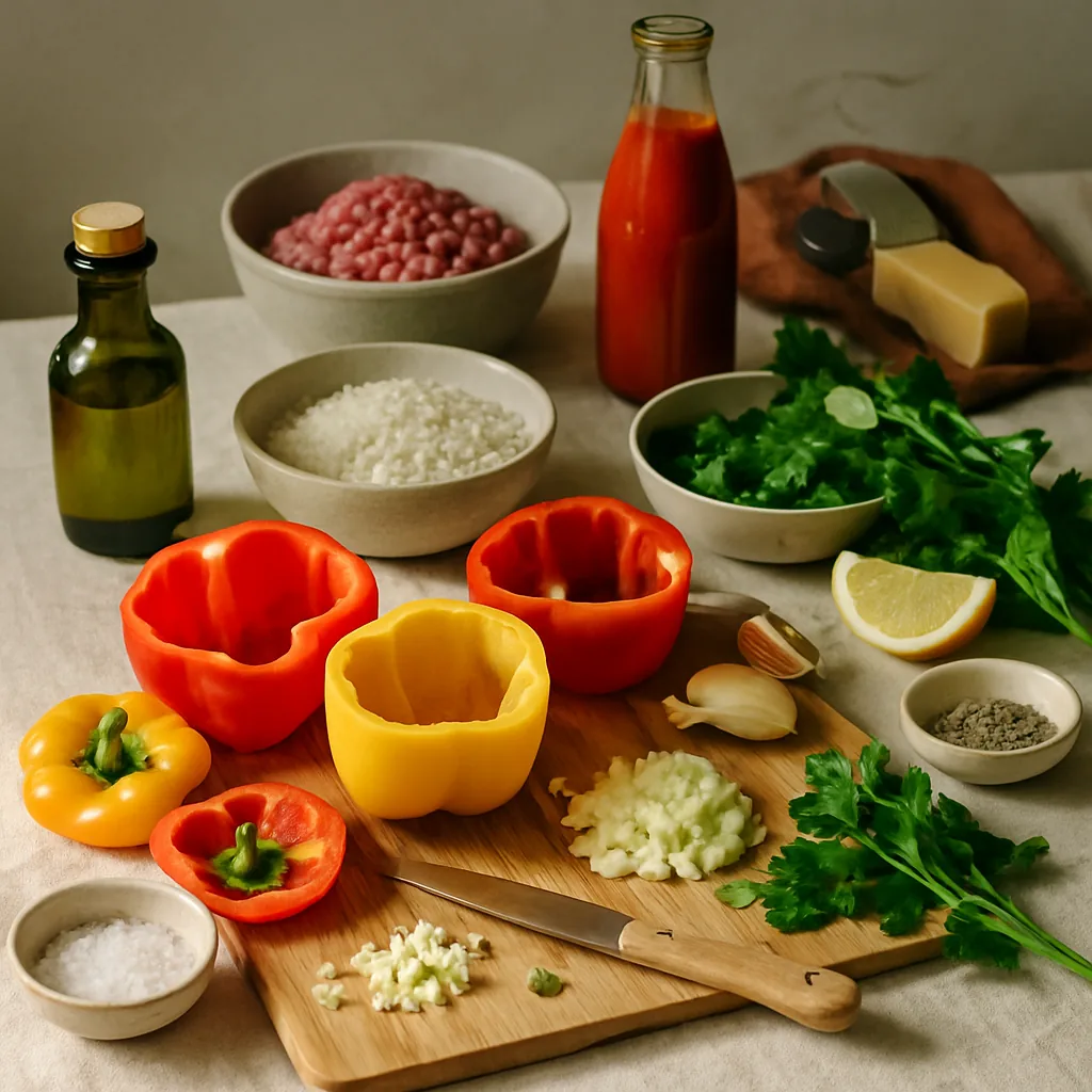Ingredients laid out for peppers stuffed with rice, mince and herbs: four large red and yellow peppers, a bowl of raw beef mince, a bowl of dry long-grain rice, an onion part finely chopped, a glass bottle of tomato passata.