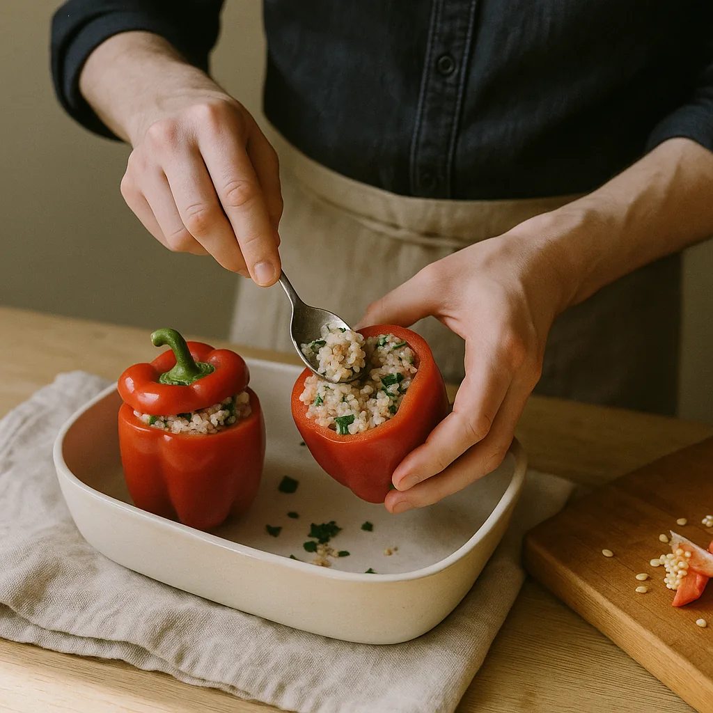 A pair of hands packs stuffing into a hollowed red pepper with a teaspoon, pressing a spoonful down inside so the pepper wall bulges slightly.