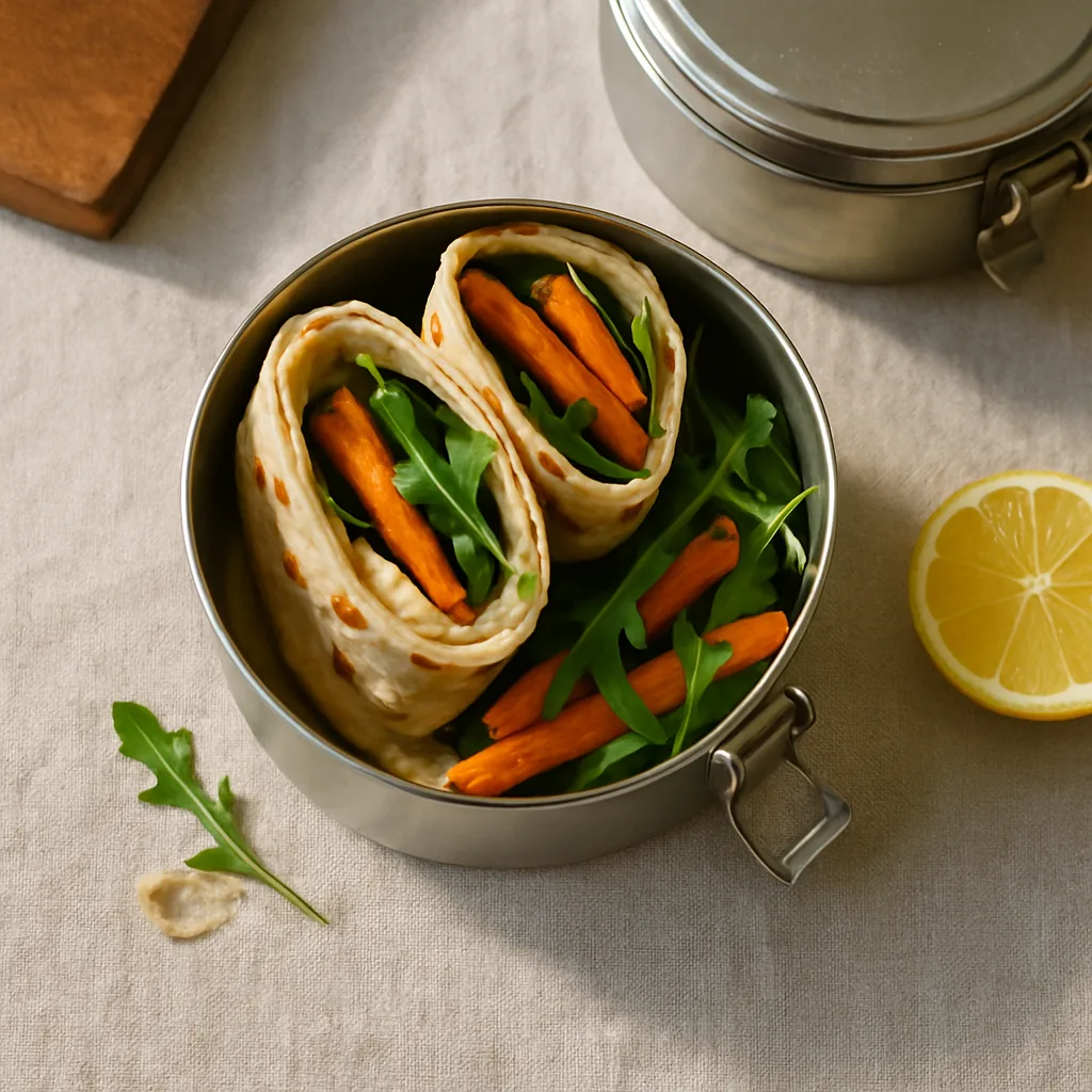 The finished lunch packed into a brushed stainless steel tiffin, round stackable tiers with a silver clasp and a slight patina, the top tier open.
