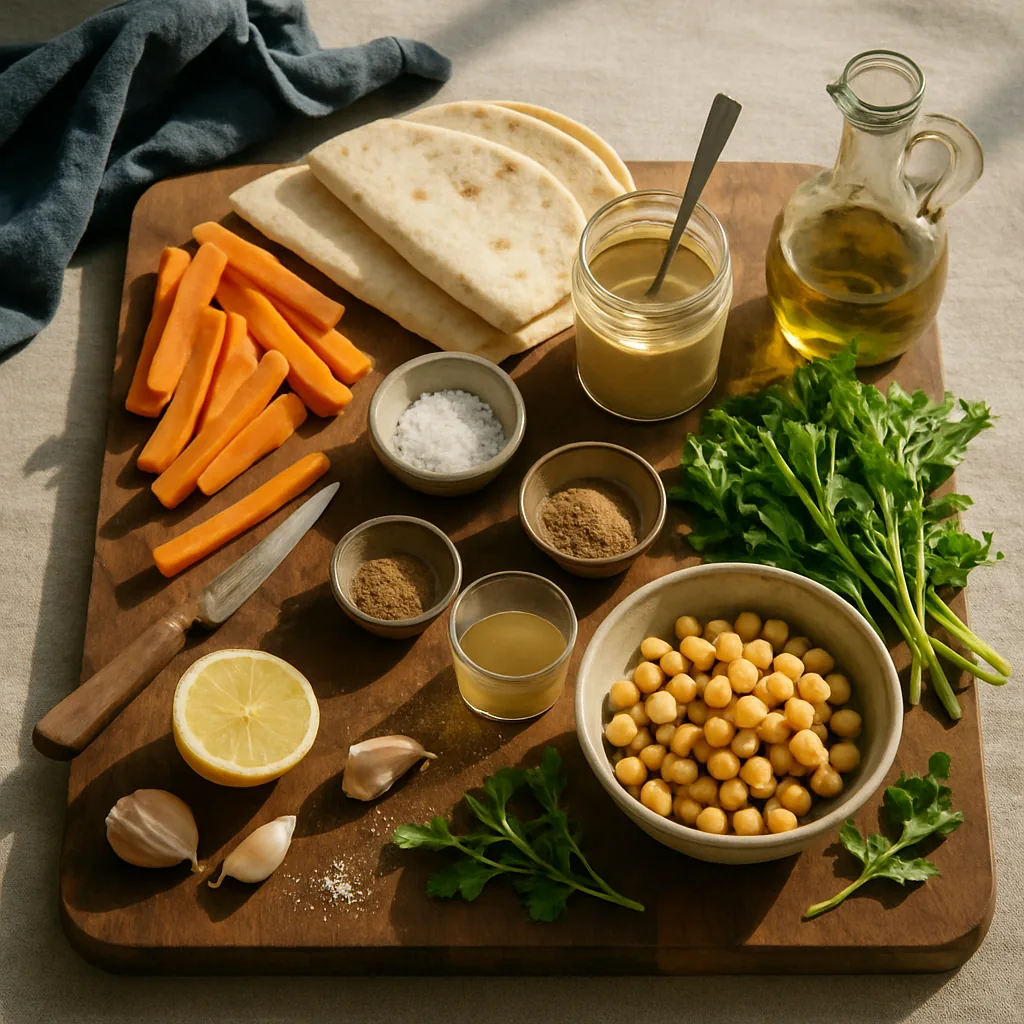 Ingredients laid out for a piadina wrap filled with home-made hummus, cumin-roasted carrots and rocket.