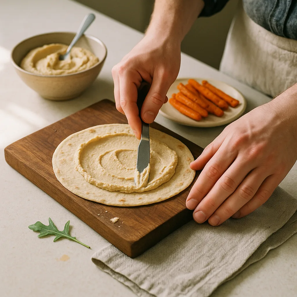 A pair of hands spreads hummus across an open piadina with the back of a plain table knife, the pale beige spread pushed out in a broad uneven arc that does not reach the edges, with visible ridges and drag marks left by the blade.