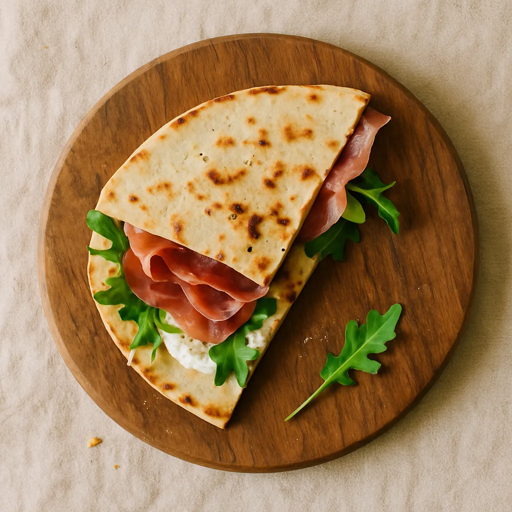 The finished piadina on a dark olive wood serving board, folded in half and cut across into two, the halves overlapping so the filling shows.