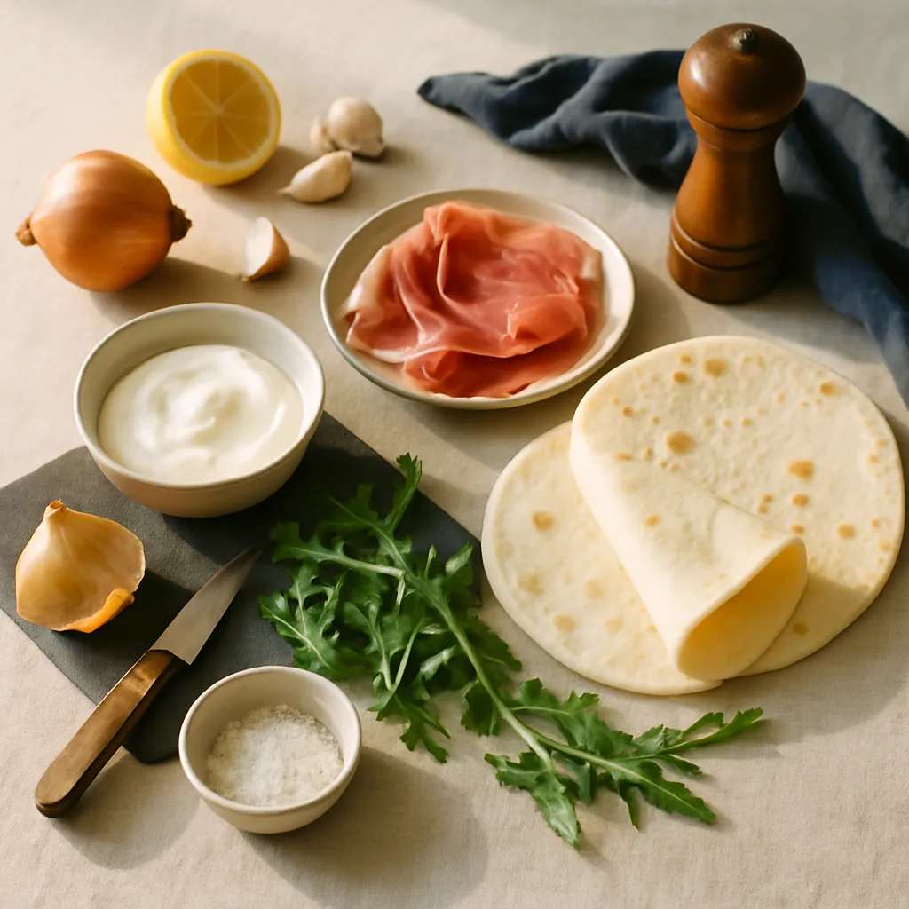 Ingredients laid out for a piadina with prosciutto crudo, squacquerone and rocket. Only four things, and the restraint is the point.