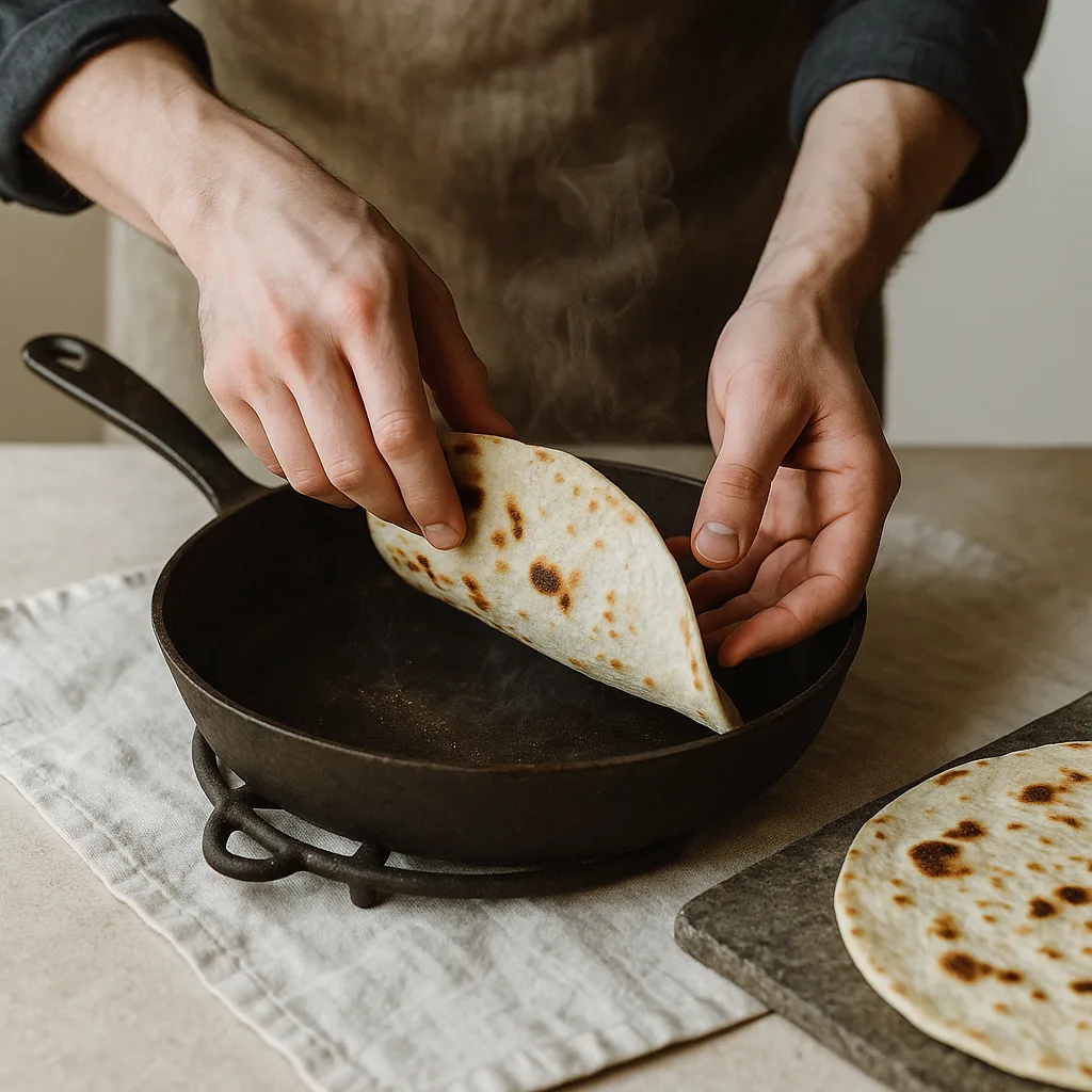A pair of hands flips a piadina in a dry hot pan with bare fingertips, the flatbread lifted at one edge and turning over, the underside showing pale gold with dark brown scorch blisters.