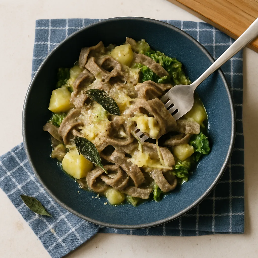 The finished pizzoccheri in a deep navy shallow bowl-plate. Grey-brown buckwheat ribbons tangled with soft potato rounds and dark green cabbage, melted fontina pulling in strings between them and pooling pale yellow at the bottom.
