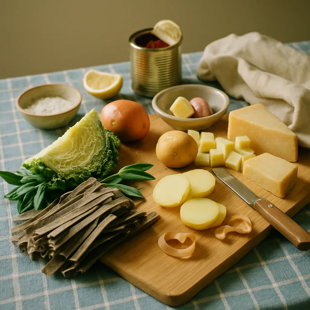 Ingredients laid out for pizzoccheri, buckwheat tagliatelle boiled with cabbage and potato and layered with fontina.