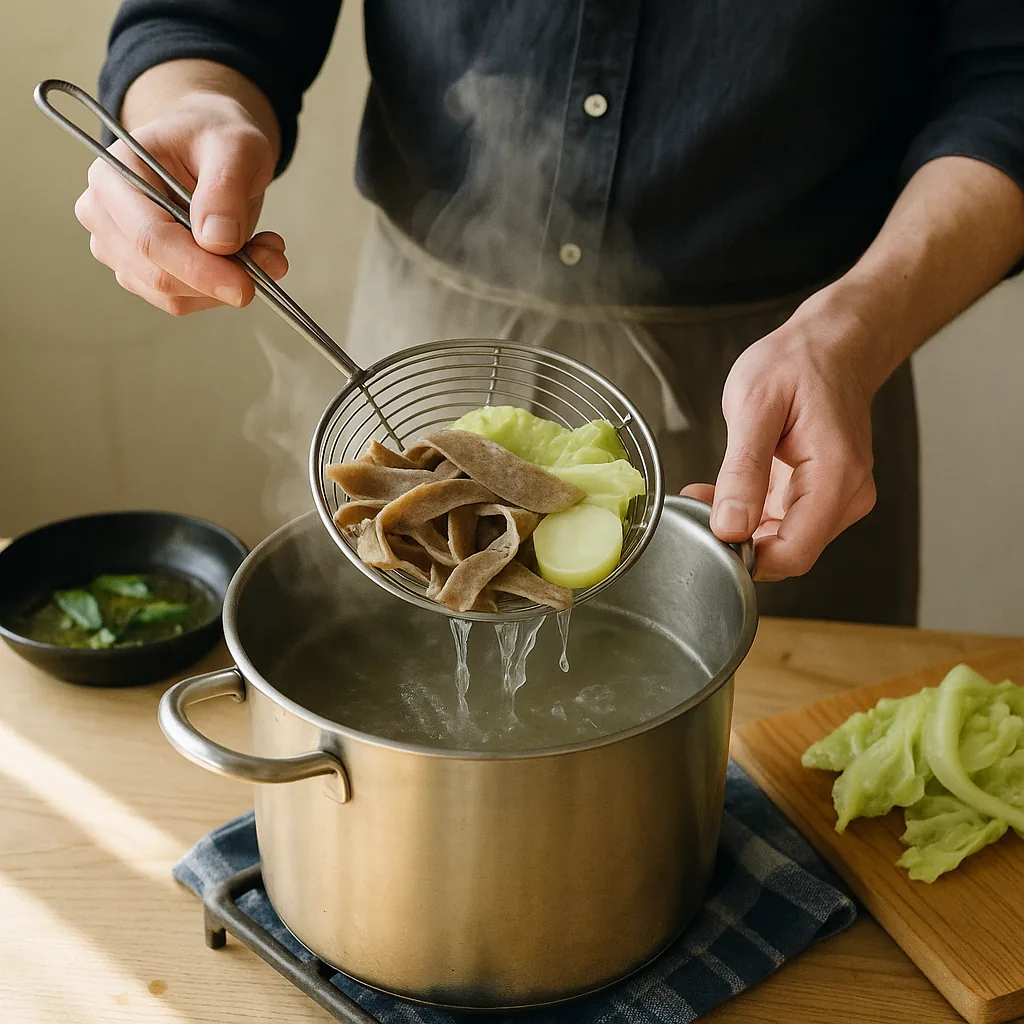 A pair of hands lifts a spider skimmer out of a big pot of cloudy grey-brown boiling water, loaded with flat buckwheat ribbons, potato rounds and wide cabbage leaves all cooked together.