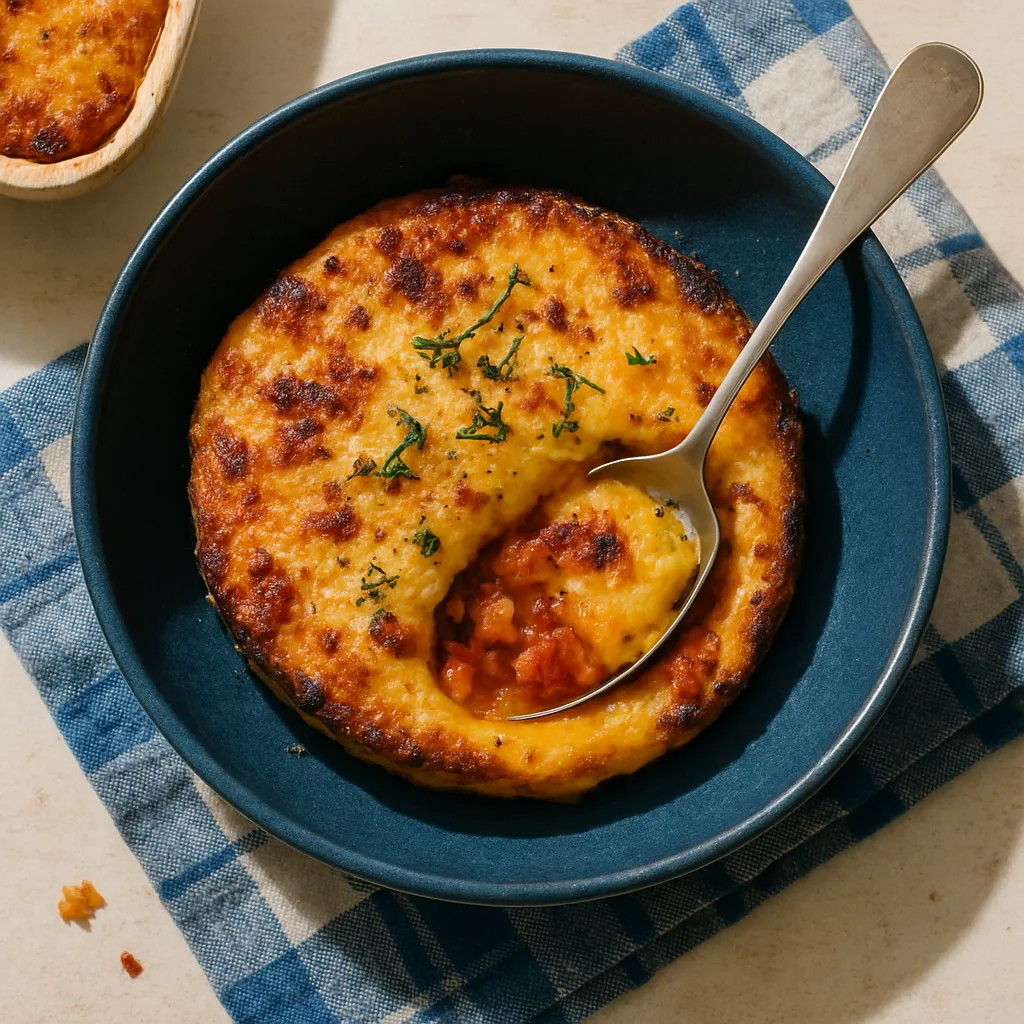 A portion of the finished polenta pasticciata in a deep navy shallow bowl-plate. The top is browned and blistered where the cheese has caught.