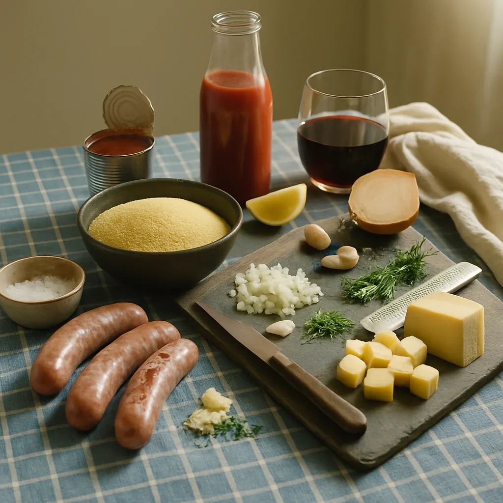 Ingredients laid out for polenta pasticciata, layered polenta baked with a sausage and tomato sauce and cheese.