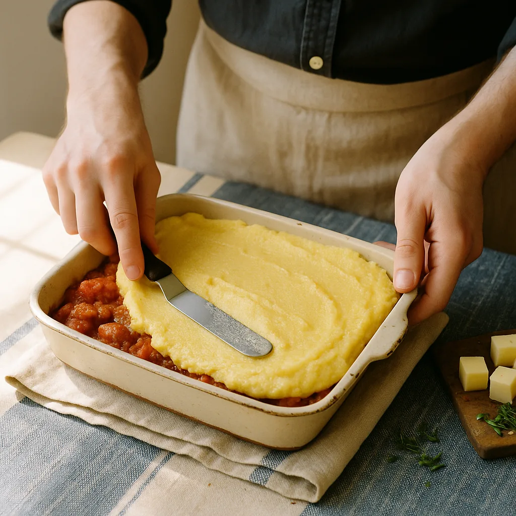A pair of hands spreads a layer of soft polenta across an oven dish with an offset palette knife, pushing it flat and out to the corners.