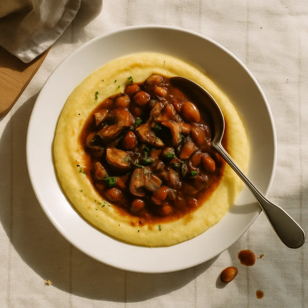 The finished dish on a plain white porcelain wide shallow plate. A soft spread of golden polenta covering the plate, a dark glossy mushroom and borlotti ragù spooned into the middle: quartered chestnut mushrooms, whole borlotti beans.