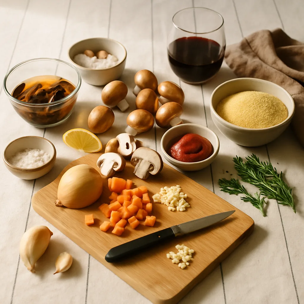 Ingredients laid out for polenta with a mushroom and borlotti ragù: a small glass bowl of dried porcini soaking in hot water, chestnut mushrooms, an opened tin of borlotti beans, an onion part chopped, 2 garlic cloves.