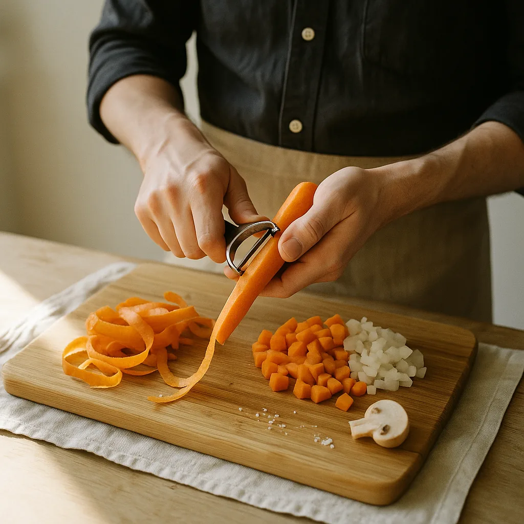 A pair of hands peels a carrot with a Y-shaped peeler over the bamboo board, a long orange ribbon of peel curling away from the blade and about to drop.