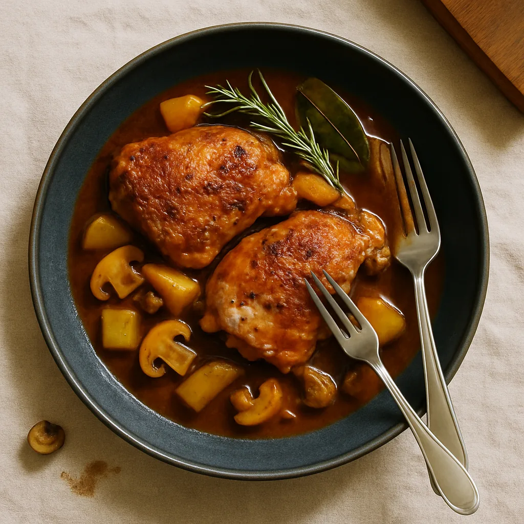 The finished pollo alla cacciatora in a deep navy shallow bowl-plate. Two chicken thighs with dark burnished skin sitting in a thick brown-red sauce, potato chunks that have absorbed the sauce and gone soft at the edges, quartered mushrooms, soft onion.