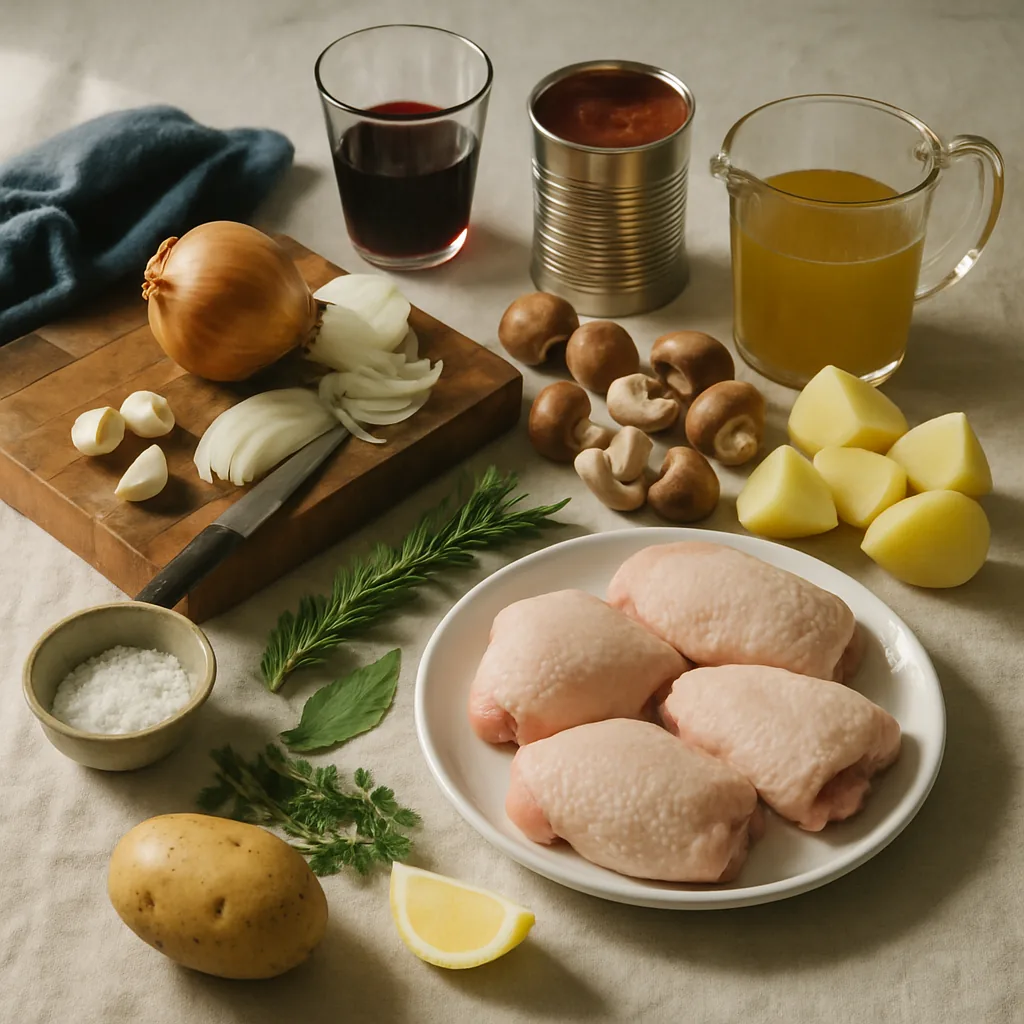 Ingredients laid out for pollo alla cacciatora with potatoes and mushrooms: four bone-in skin-on chicken thighs, two waxy potatoes cut into 4 cm chunks, chestnut mushrooms, an onion, 3 unpeeled garlic cloves, two rosemary sprigs and a bay leaf.