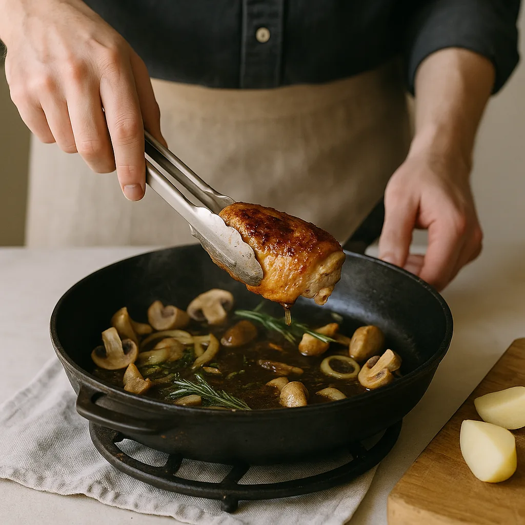 A pair of hands turns a chicken thigh skin-side-up in a wide heavy pan with metal tongs, the thigh gripped and lifted a little clear so the deep mahogany-brown skin catches the light and a drop of fat falls back.