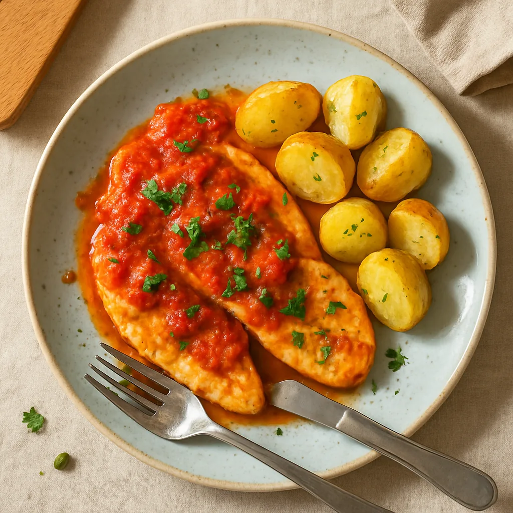 The finished dish on a pale blue glazed ceramic plate with speckle. Two thin chicken escalopes under a rough red tomato sauce with visible slivers of garlic and a few capers, chopped parsley and dried oregano over the top.