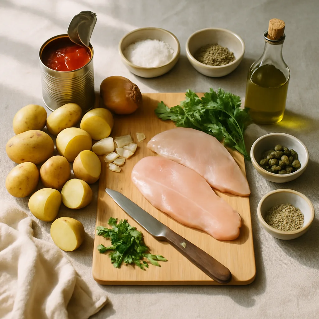 Ingredients laid out for petto di pollo alla pizzaiola, thin chicken escalopes cooked in tomato with oregano and capers, with new potatoes.
