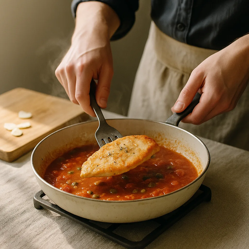A pair of hands slides a metal fish slice under a thin chicken escalope in a wide shallow pan to turn it. The escalope is lifted a centimetre clear, its underside pale gold.