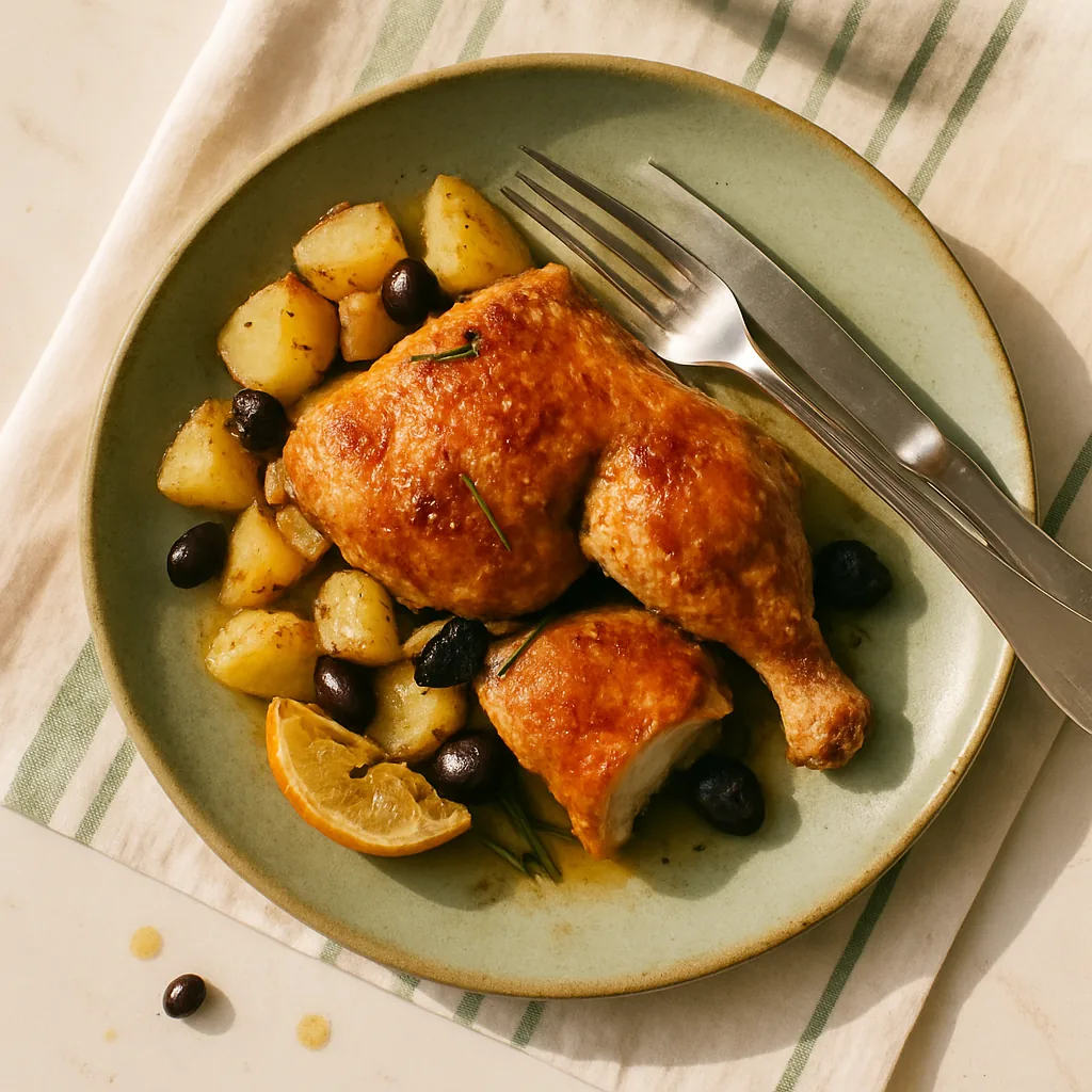 The finished pollo alle olive on a sage green handmade plate with an irregular edge. Two chicken thighs with crisp burnished skin, potatoes with crumpled golden edges, small black olives collapsed and wrinkled among them, rosemary needles scattered.