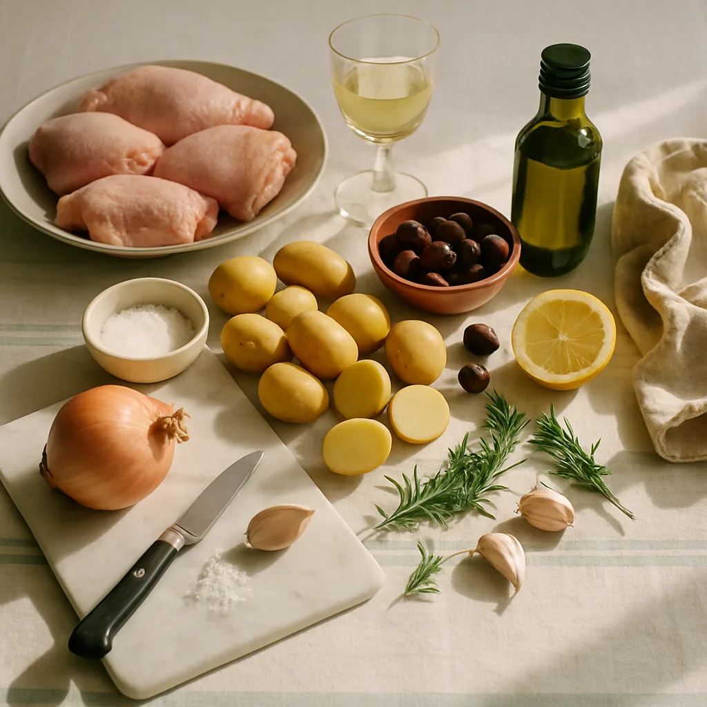 Ingredients laid out for pollo alle olive, chicken thighs roasted with waxy potatoes, small black olives, rosemary and lemon.