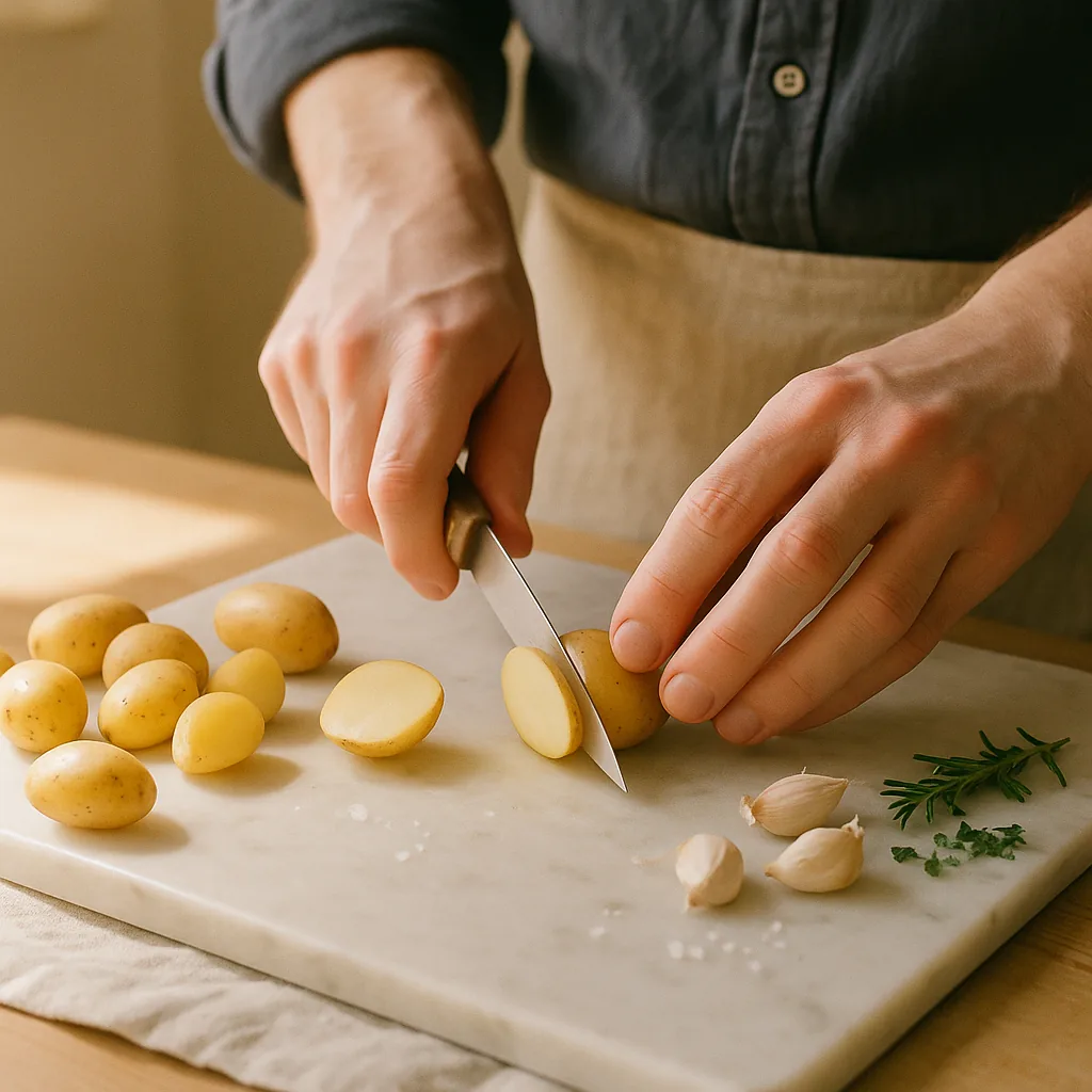A pair of hands halves small waxy potatoes on the marble board with a small paring knife. The blade has just gone through one, the two halves falling apart with the wet cut surface catching the window light.