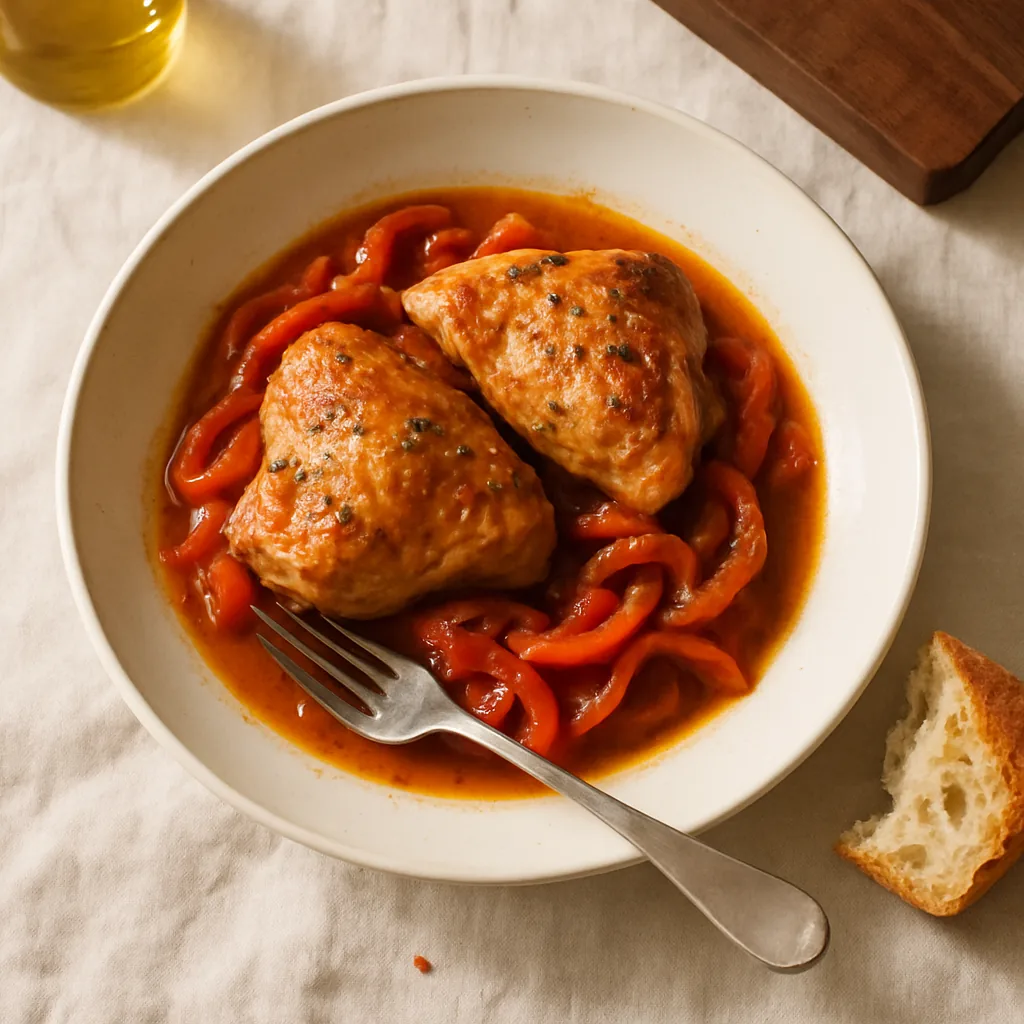 The finished pollo con i peperoni in a matte cream stoneware shallow bowl-plate. Two braised chicken thighs, skin bronzed and a little sticky, half sunk in a loose red-orange sauce of collapsed pepper strips and tomato.