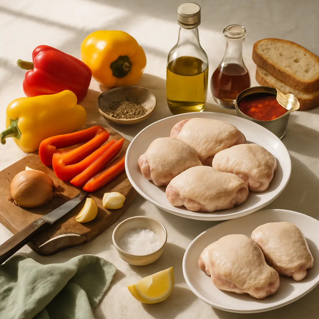 Ingredients laid out for pollo con i peperoni, bone-in chicken thighs braised with red and yellow peppers, onion and tomato.