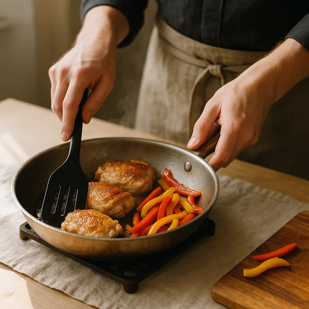 A pair of hands uses a black silicone spatula to push four deeply browned chicken thighs to one side of a wide shallow pan while red and yellow pepper strips slump into the hot oil beside them.