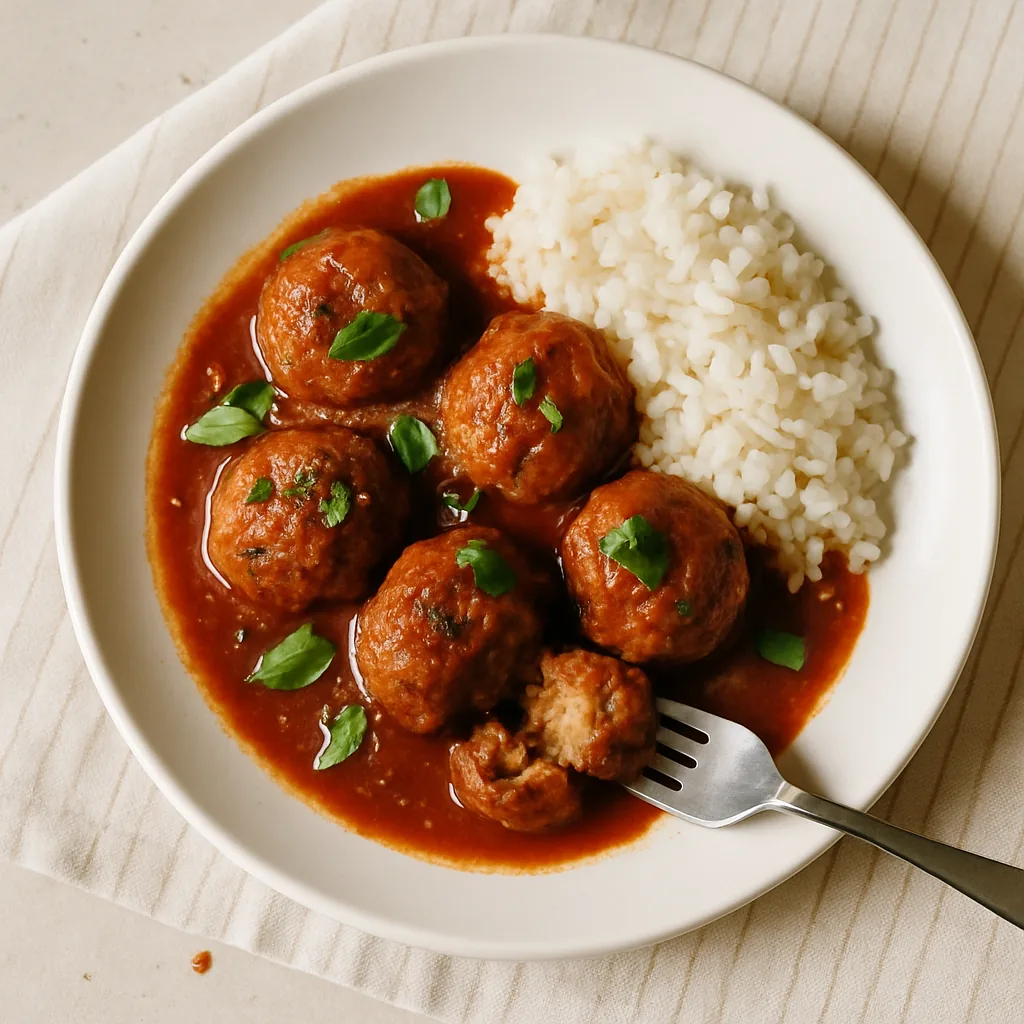 The finished dish on a plain white porcelain plate with a subtle rim. Five polpette sitting in a deep red sugo that has reduced and gone glossy, their tops just showing above it, the sauce clinging to their sides.