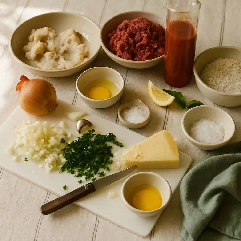 Ingredients laid out for polpette al sugo, beef meatballs simmered in tomato, with rice: a bowl of raw beef mince, torn pieces of stale bread soaking in a shallow dish of milk, one egg cracked into a small bowl.