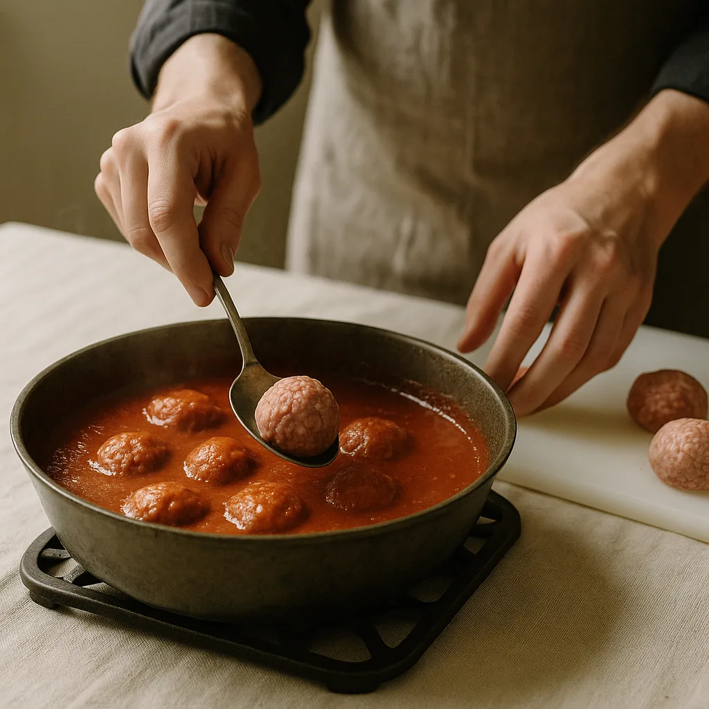 A pair of hands lowers a raw meatball into a wide pan of simmering tomato sugo with a metal serving spoon, the polpetta resting in the bowl of the spoon and about to be tipped in.