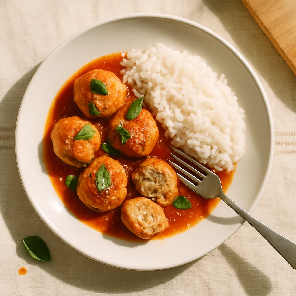 The finished dish on a plain white porcelain plate with a subtle rim. Six chicken polpette sitting in a bright red-orange passata, their tops browned and their sides pale where they sat in the sauce, torn basil on top, a dusting of grated parmigiano.
