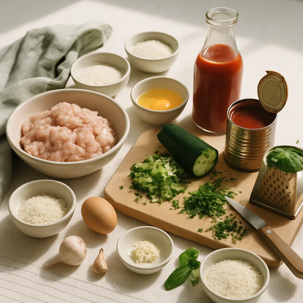 Ingredients laid out for polpette di pollo, chicken meatballs bound with grated courgette, simmered in passata and served with rice.
