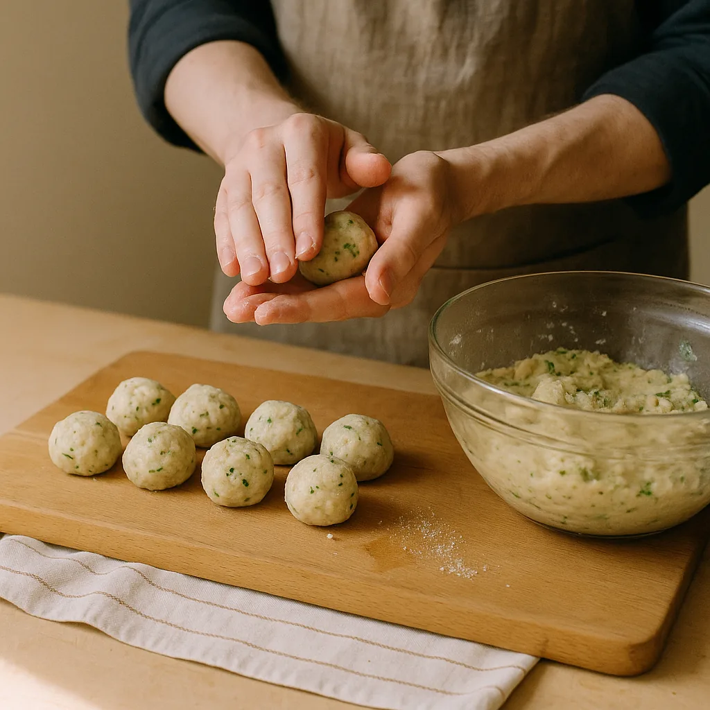 A pair of bare hands rolls a chicken meatball between the palms, caught mid-turn. The mixture is pale and flecked green with grated courgette and parsley.