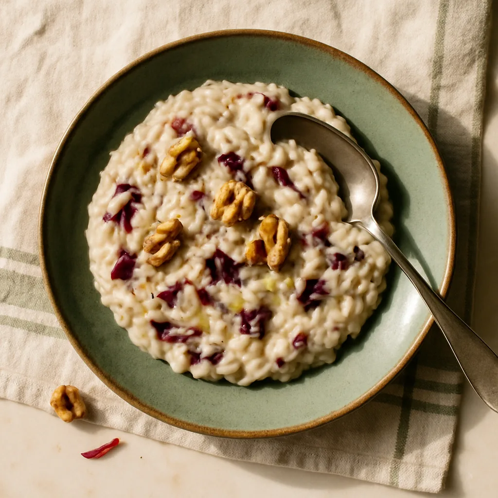 The finished risotto on a sage green handmade plate with an irregular edge, spread flat rather than heaped. Creamy off-white rice shot through with vivid purple-red radicchio ribbons and pale streaks of melted gorgonzola dolce.